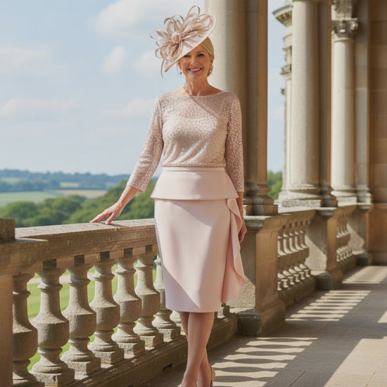Woman in a formal veni infantino dress and matching fascinator standing on a balcony with a scenic background. Signature Dress.