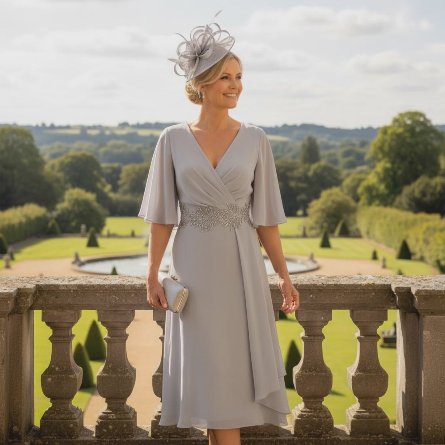 mother of the bride wearing a silver lightweight style dress with half sleeves from Lizabella. Signature Dress