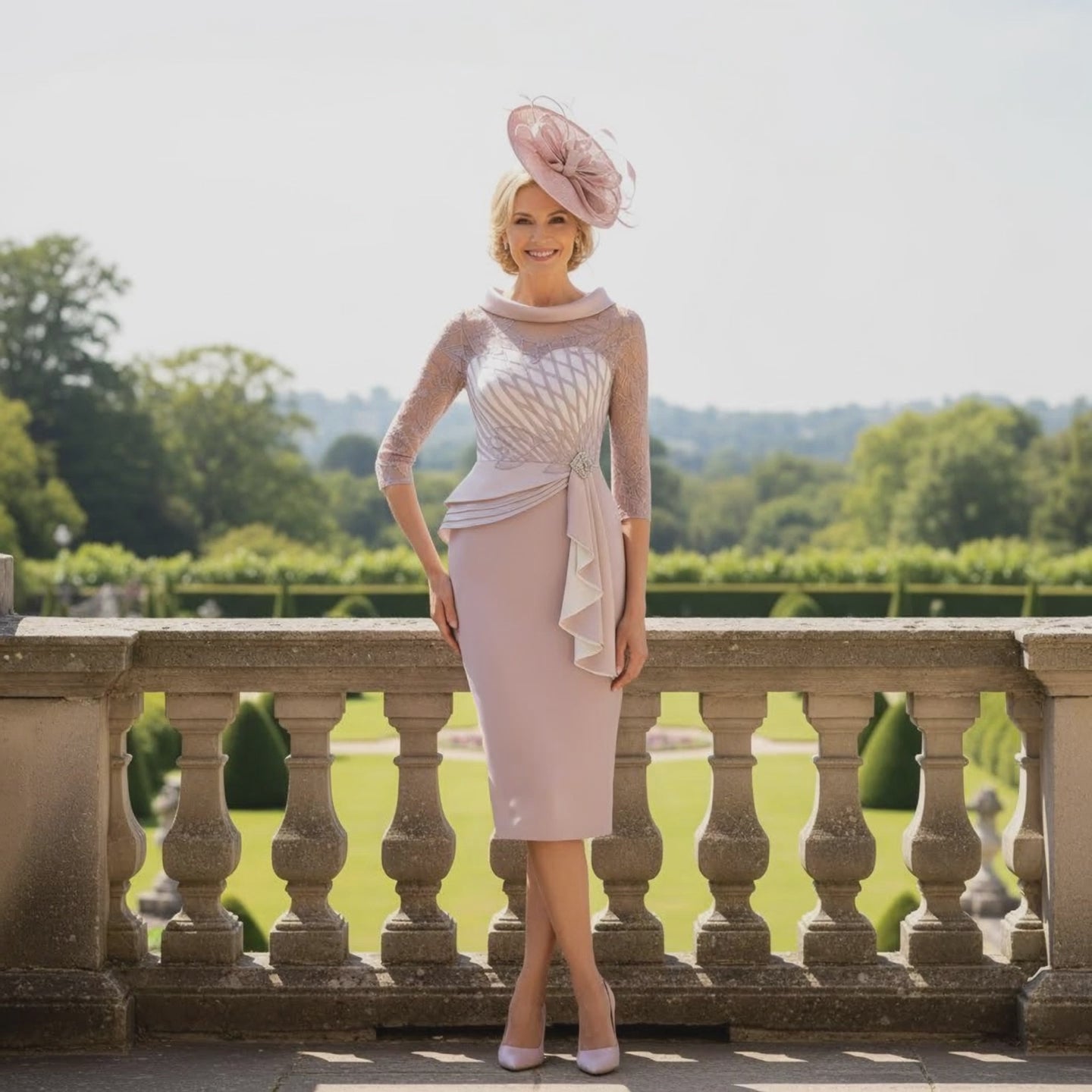 Woman in a Rosa Clara Couture Club light pink mother of the bride dress and pink fascinator hat standing on a stone balcony with a scenic background. Signature Dress.