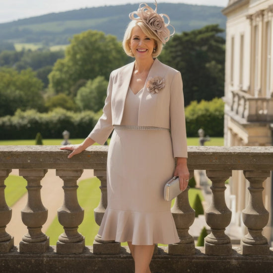 women wearing a Mother of the Bride outfit by designer Mascara, the dress is v neck with a matching jacket.