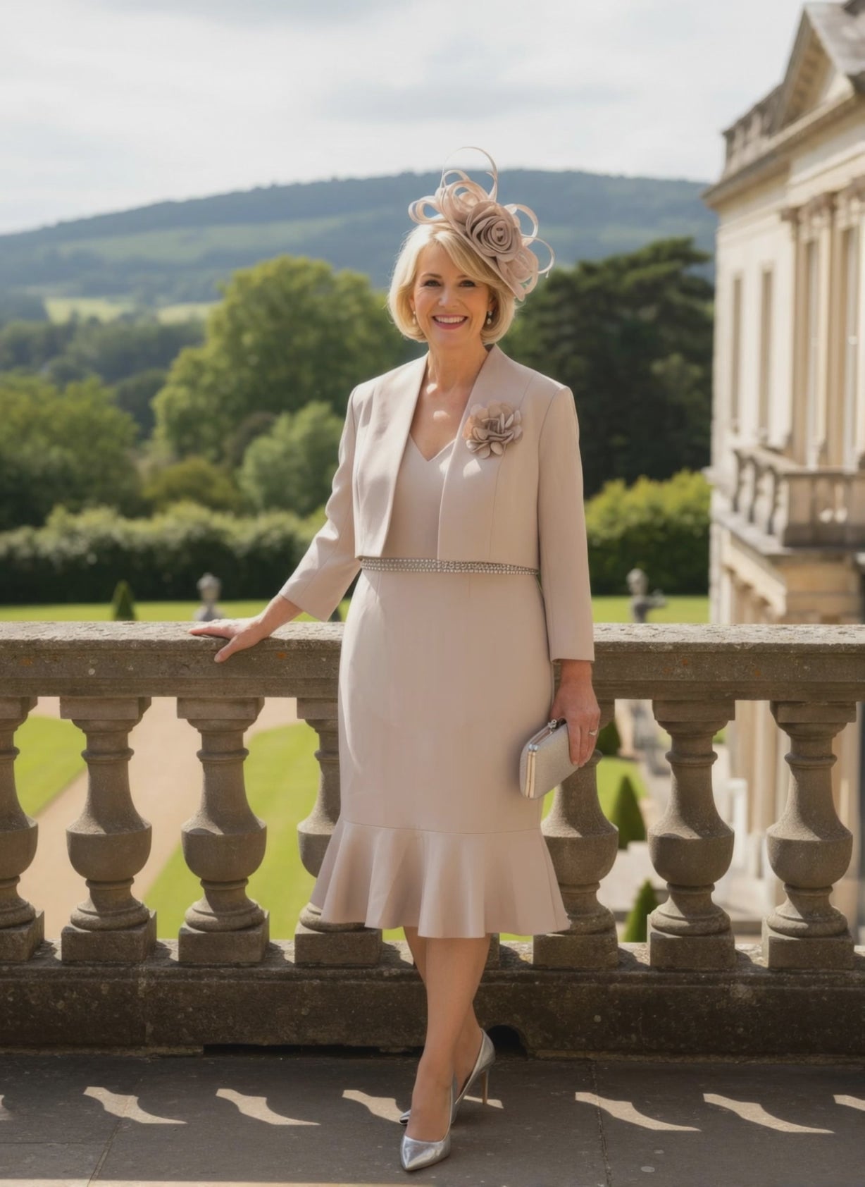 women wearing a Mother of the Bride outfit by designer Mascara, the dress is v neck with a matching jacket.