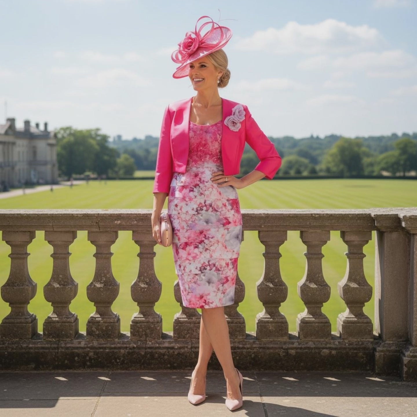 Woman in a Ispirato pink and floral mother of the bride dress with a matching pink fascinator hat standing on a stone balcony with a scenic background. Signature Dress