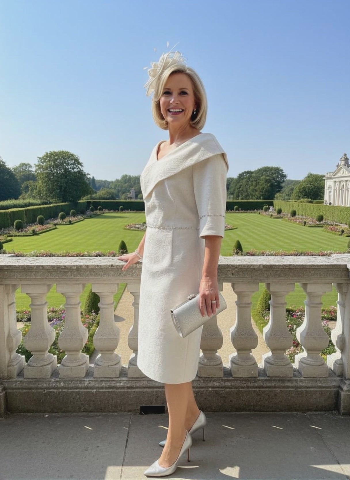 Woman in a lizabella gold sheath mother of the bride dress with a floral headpiece standing outdoors with a scenic background