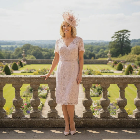 Pink Mascara mother of the bride lace dress with short sleeves