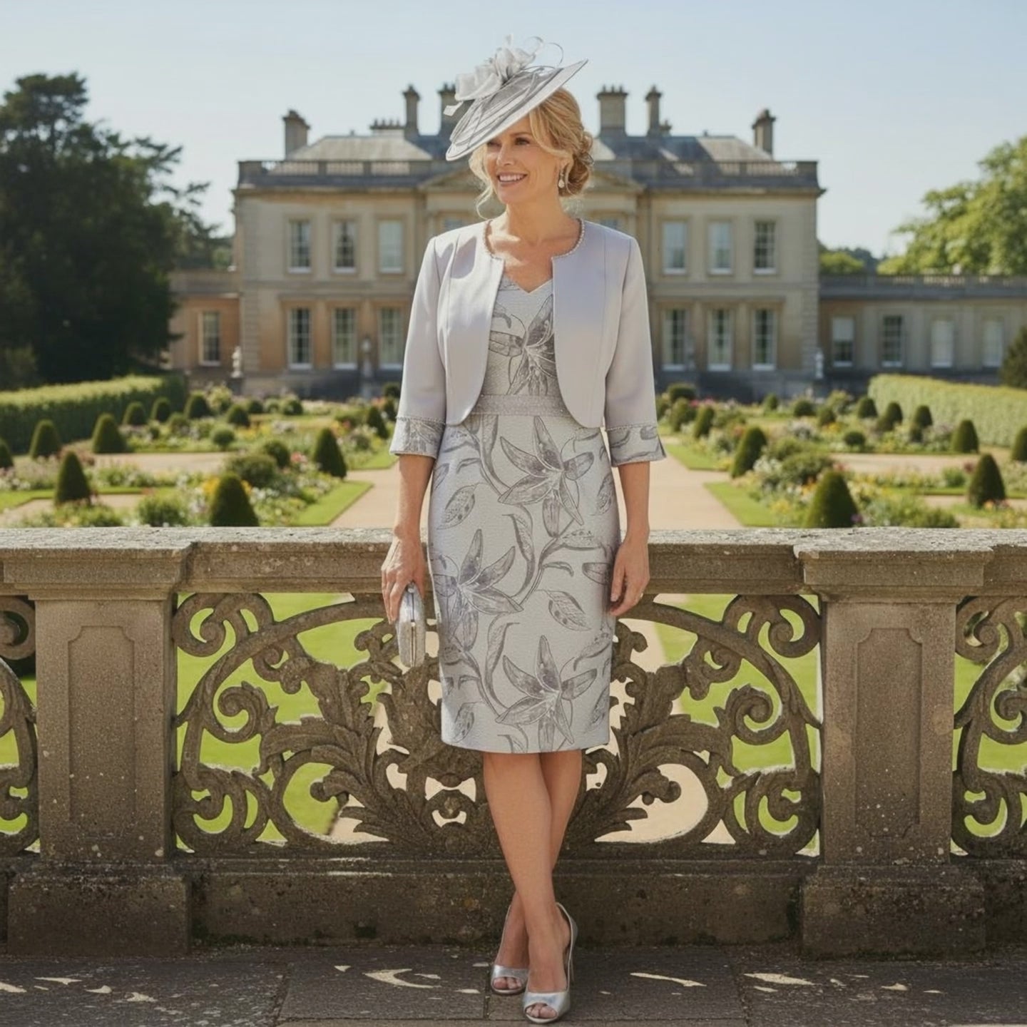 Woman in a floral Lizabella Silver 2 piece mother of the bride dress and matching jacket with a silver bespoke fascinator by Signature Dress standing in front of a large building with gardens. Signature Dress.