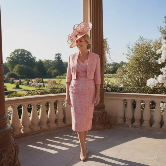 Woman in a John Charles Pink two piece outfit as Mother of the bride. Signature Dress