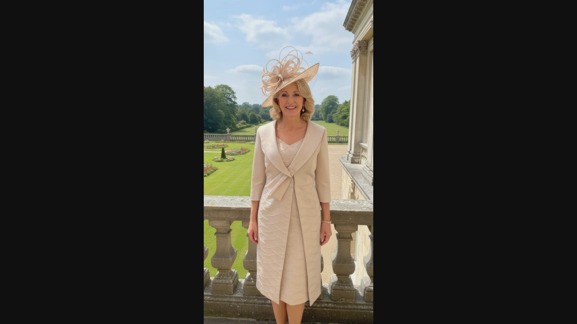 Woman in a beige lizabella 2662 mother of the bride outfit standing on a balcony with a garden view at a wedding - signature dress