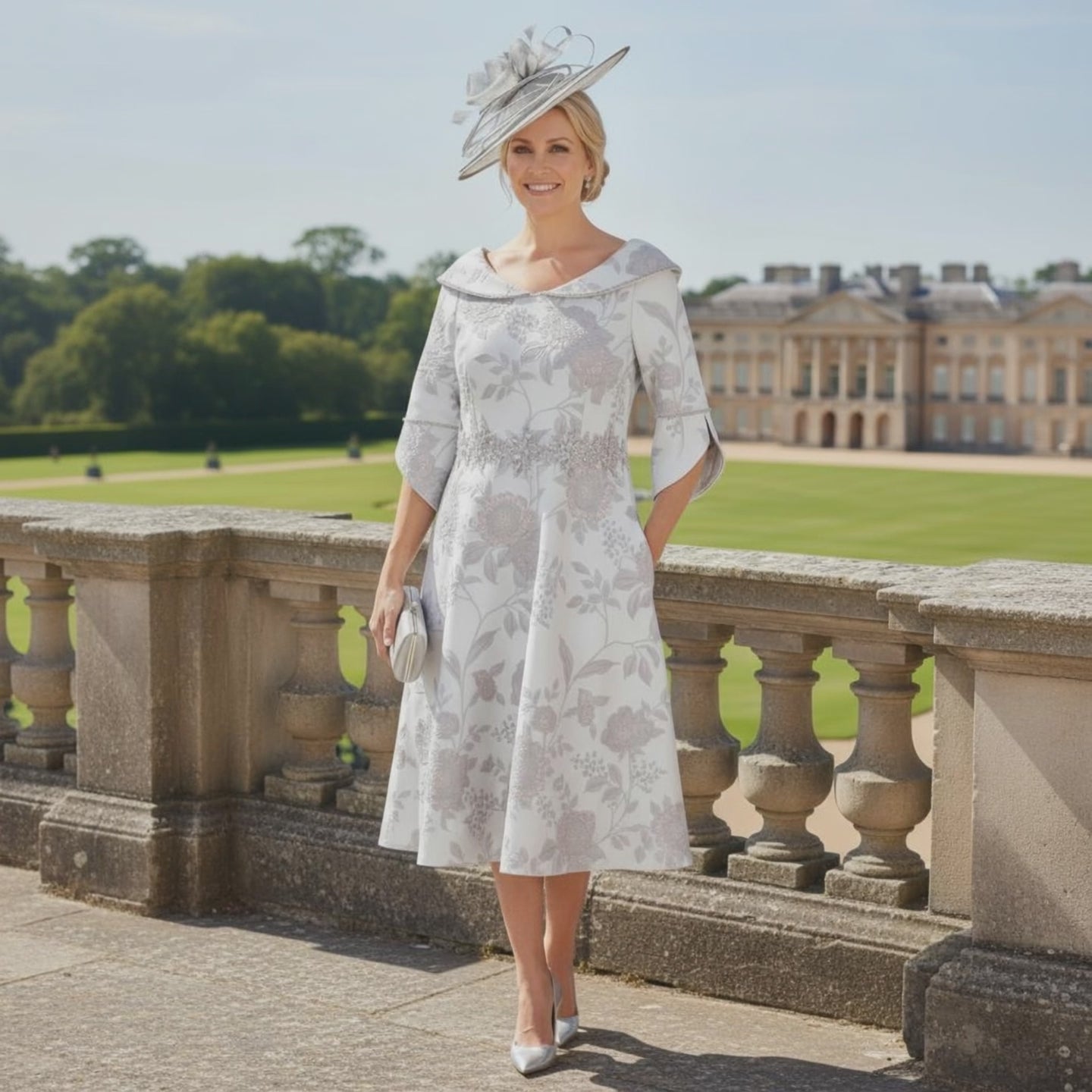 Woman wearing a A - line Lizabella Silver Mother of the Bride dress with a 3/4 sleeve. Signature Dress.
