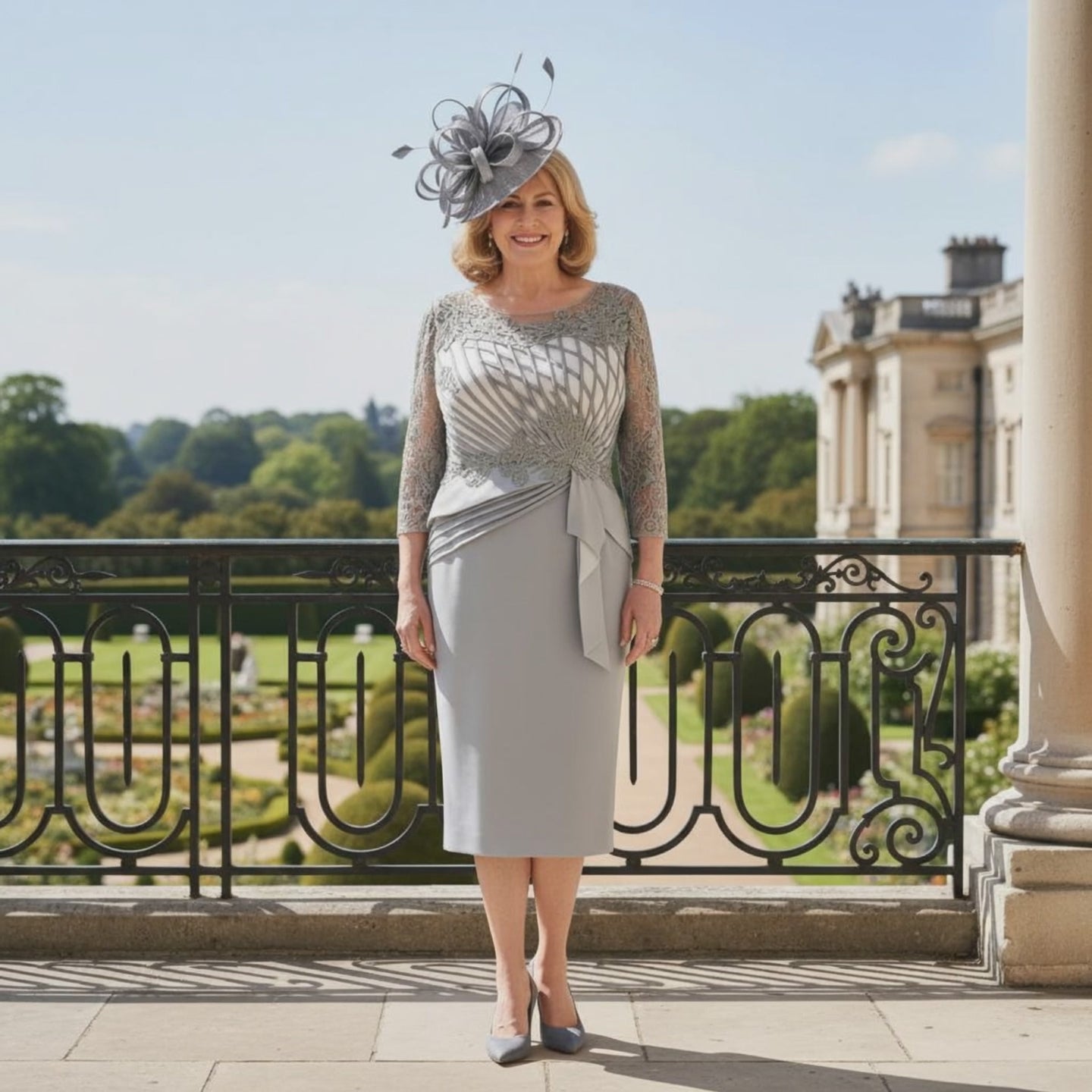 Woman in a stylish Silver grey mother of the bride dress and hat standing on a balcony with a scenic 