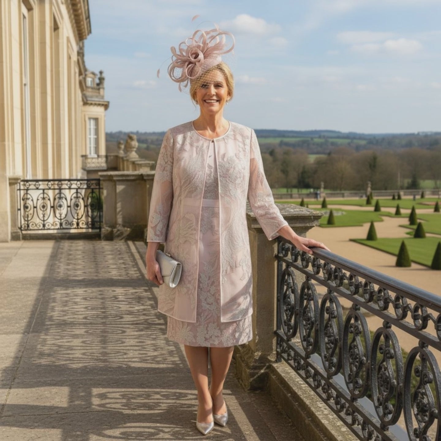 A stunning two piece by Rosa Clara Couture club Pink mother of the Bride Outfit.

The dress is knee length with short length sleeves and round neckline.