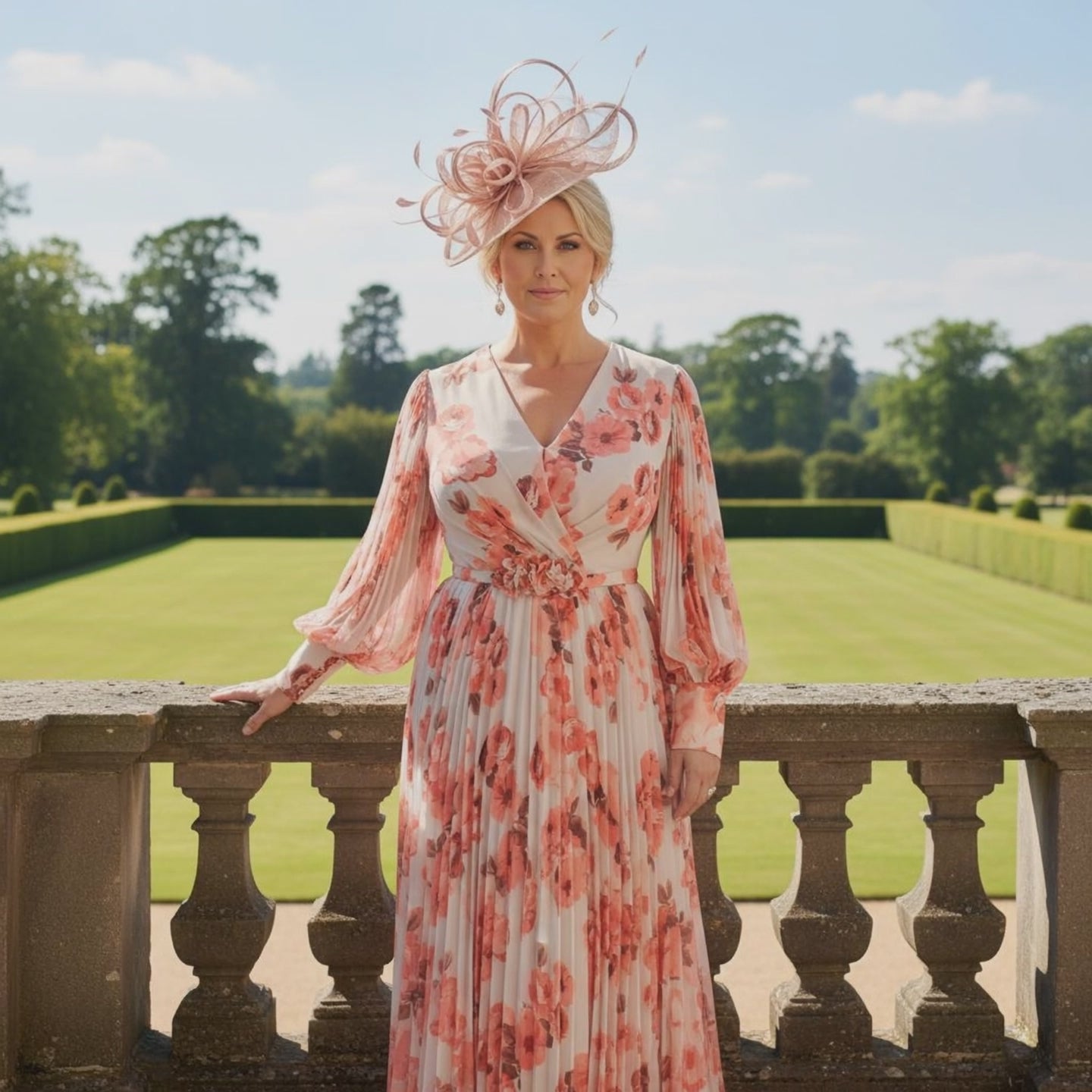 Woman in a veni infantino coral floral mother of the bride dress with a matching coral fascinator ready for a wedding. Signature Dress.