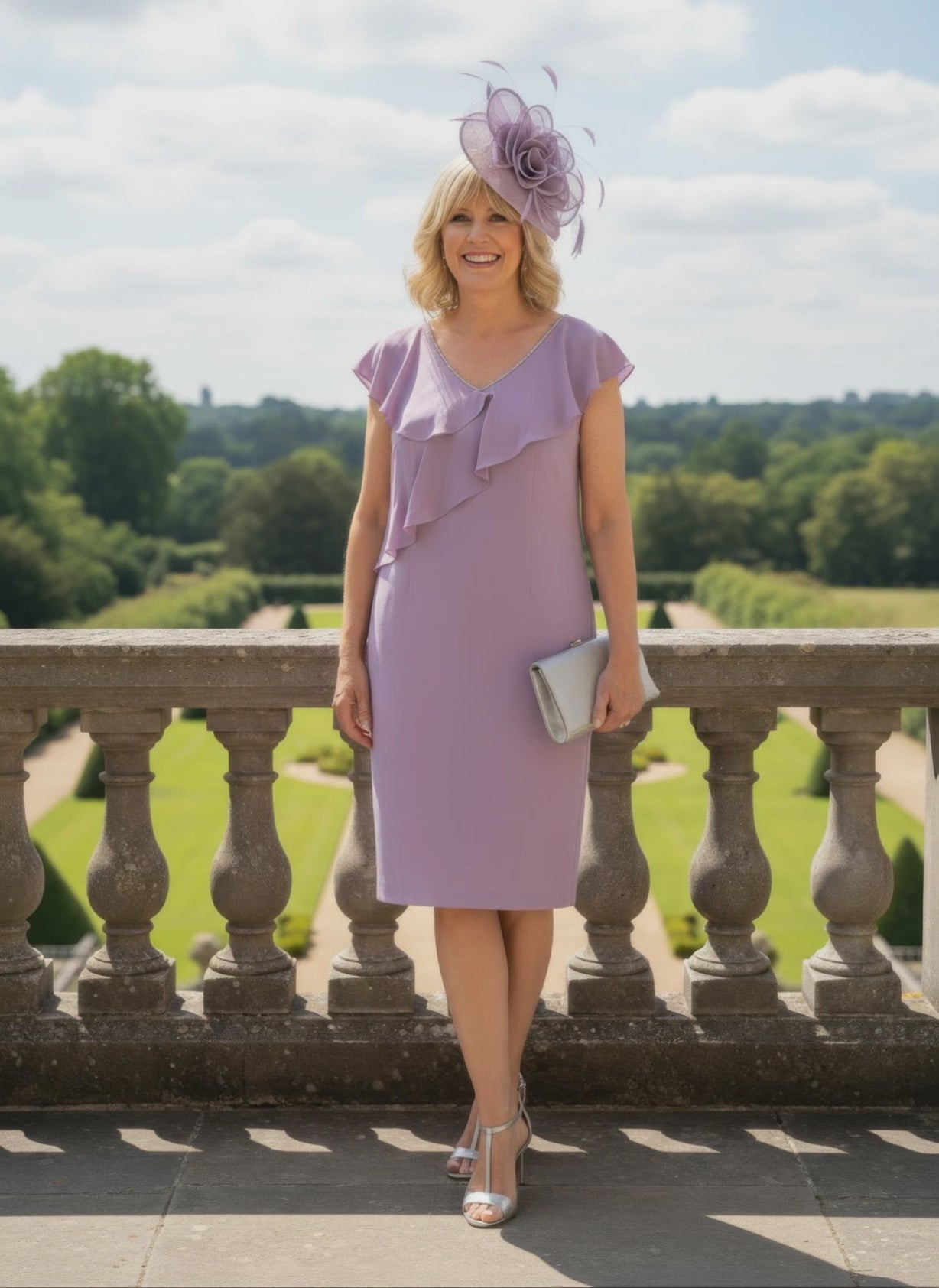Woman in a lilac mother of the bride dress with ruffled details and a matching hat standing on a stone balcony with a garden view.