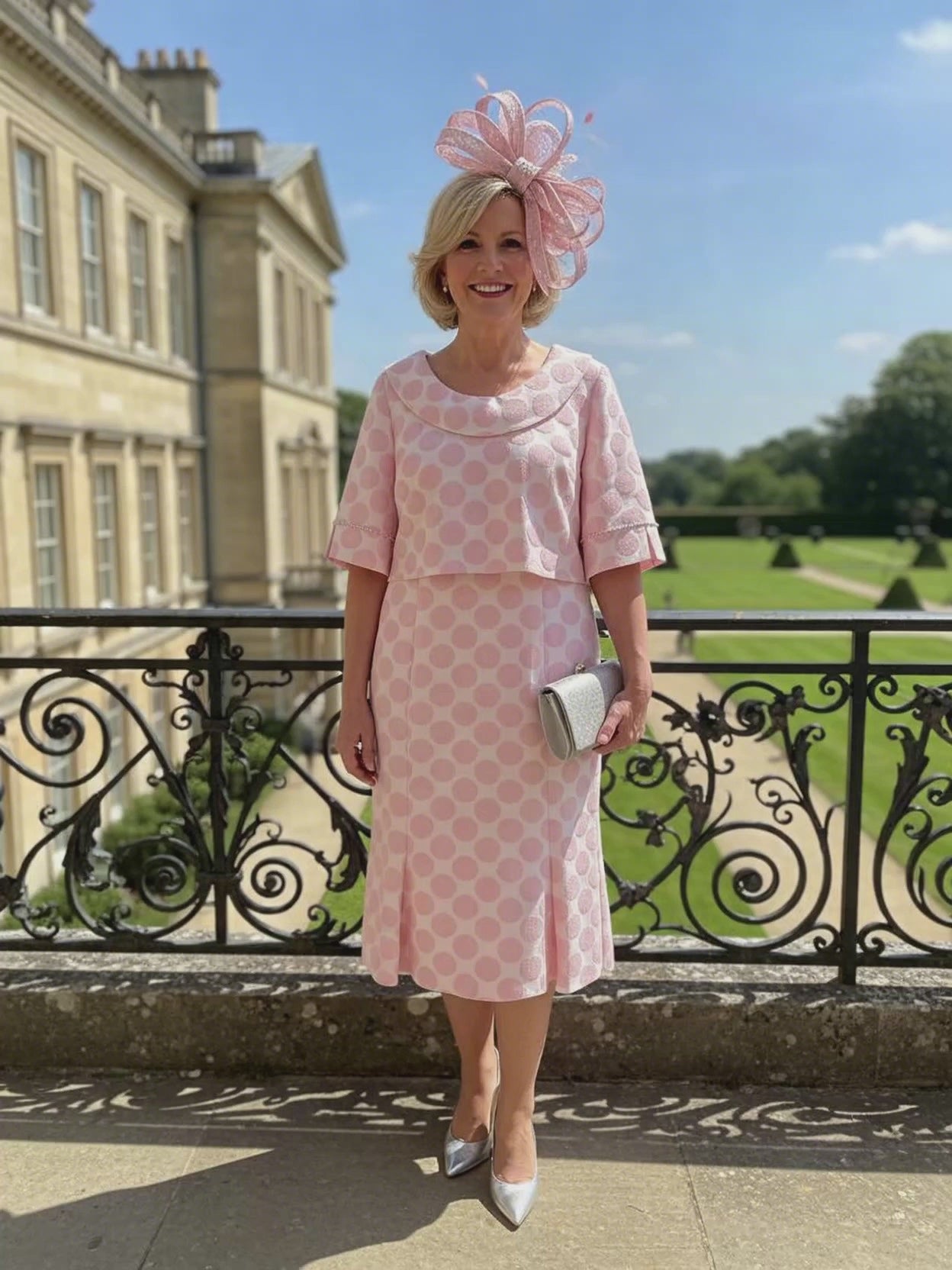 Woman in a Lizabella Mother of the bride 2 piece pink polka dot dress. Signature Dress
