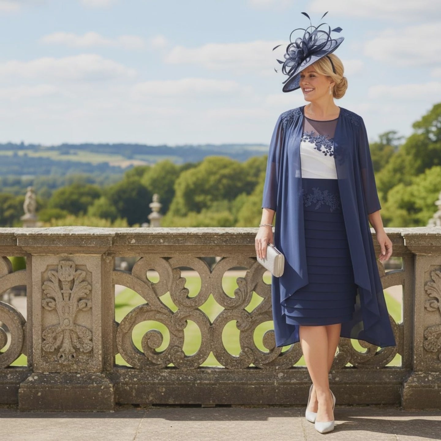 Woman in formal  navy blue mother of the bride dress and matching floaty jacket by Veromia - Signature Dress