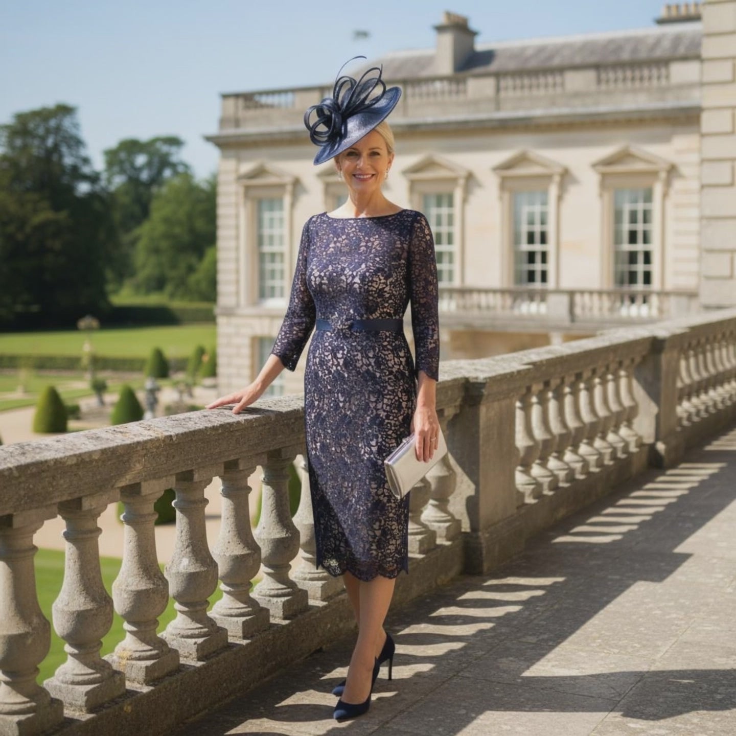 Woman in a Veni Infantino Navy mother of the bride dress and a navy disc fascinator standing on a stone balcony with a building and garden in the background. Signature Dress