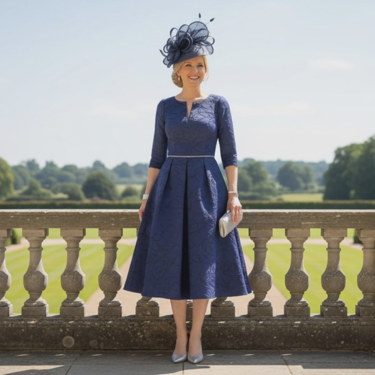 woman wearing a navy mother of the bride dress 3/ sleeve and embellished rhinestones along the waist, she is wearing as mother of the bride. Signature dress