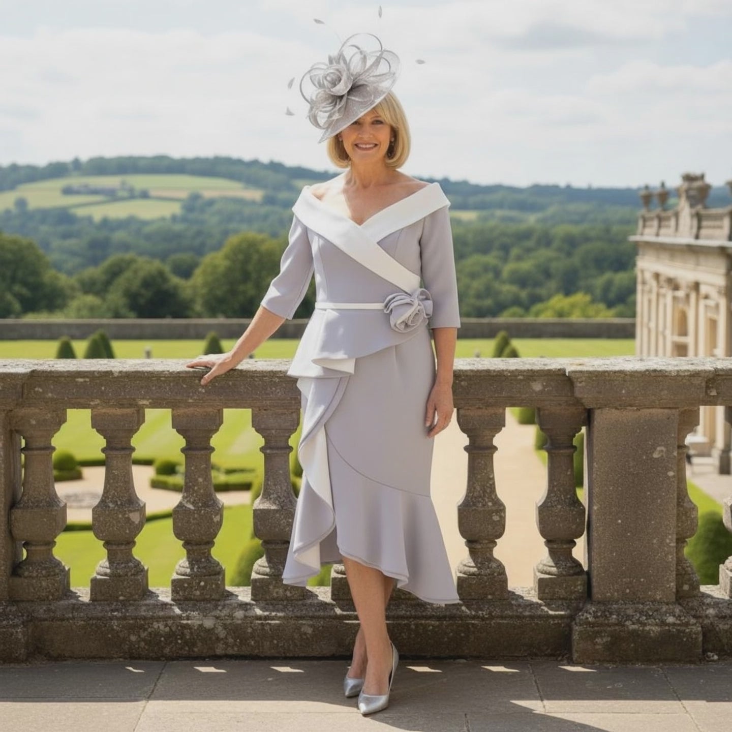 Woman in a formal Veni Infantino outfit with a large hat standing on a balcony with a scenic background