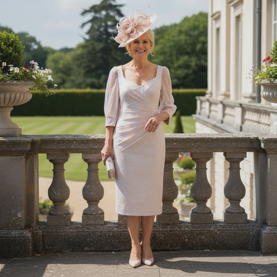 John Charles Pink sweetheart neck dress with 34 sleeves. Signature Dress