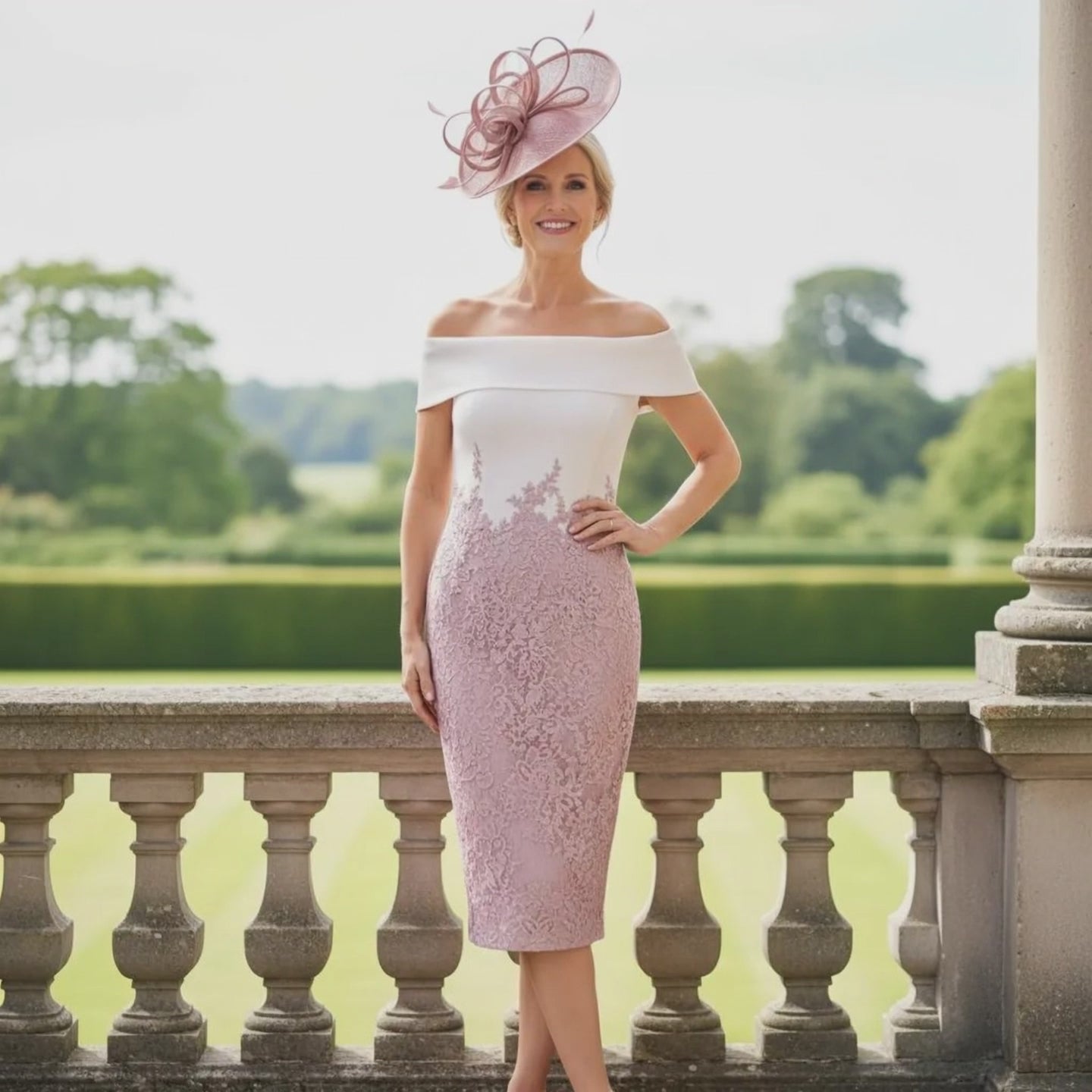 Woman in formal Veni infantino pink mother of the bride dress with a pink fascinator hat standing on a balcony overlooking a scenic landscape. Signature Dress.