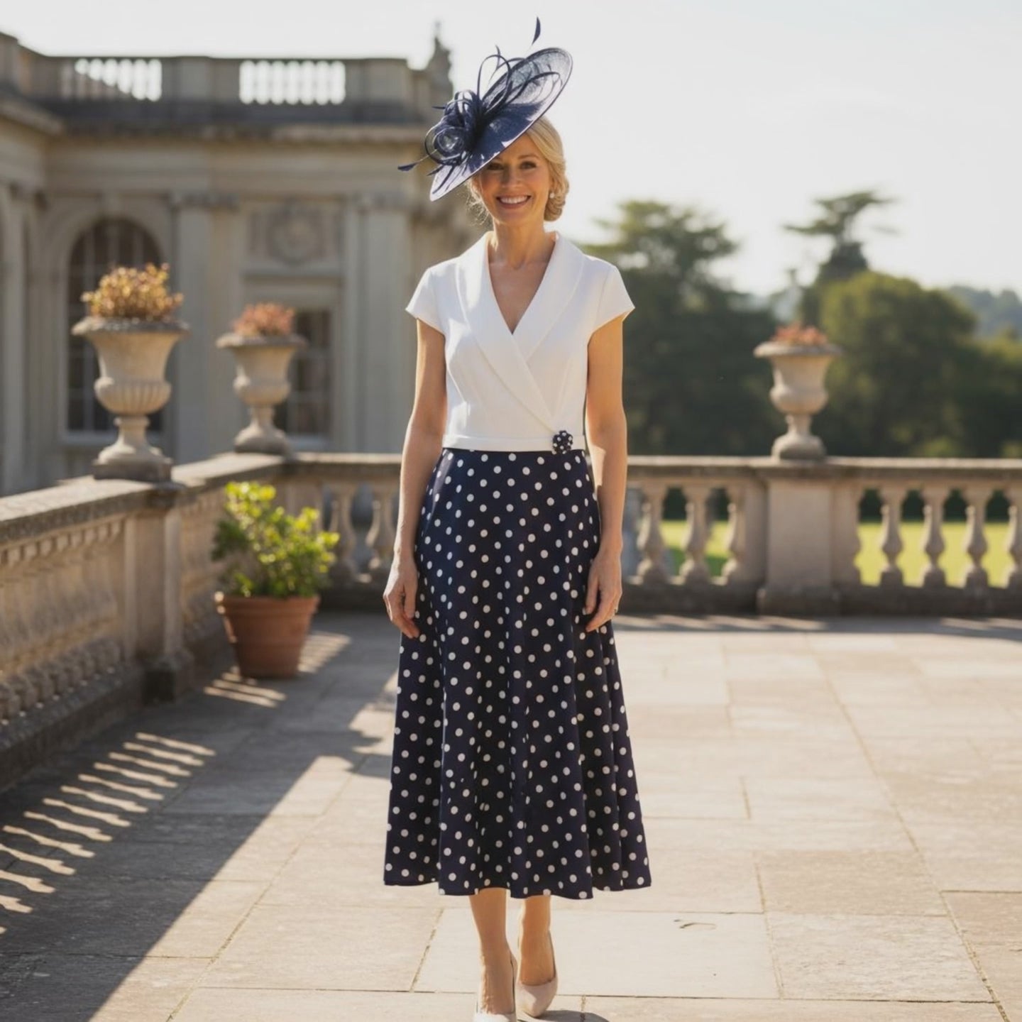 Woman in a Veni Infantino navy polka dot mother of the bride dress with a navy fascinator hat standing on a stone patio. Signature Dress.