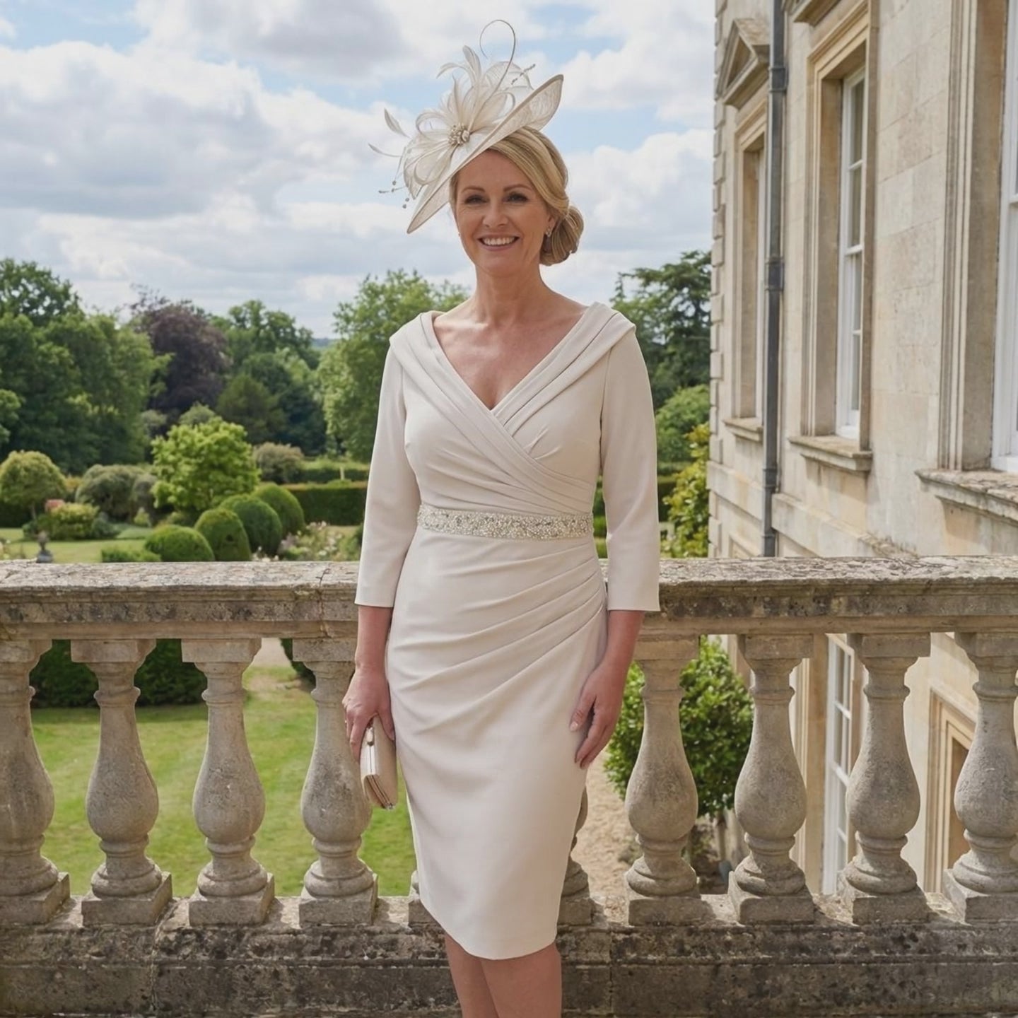 Woman in a Veromia beige mother of the bride dress with a beige fascinator headpiece standing on a balcony with a garden and building in the background. Signature Dress.