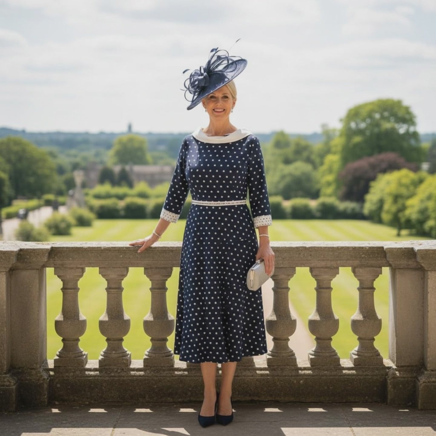 Woman in a navy polka dot Lizabella Midi mother of the bride dress with a navy fascinator standing on a balcony with a scenic background. Signature Dress.