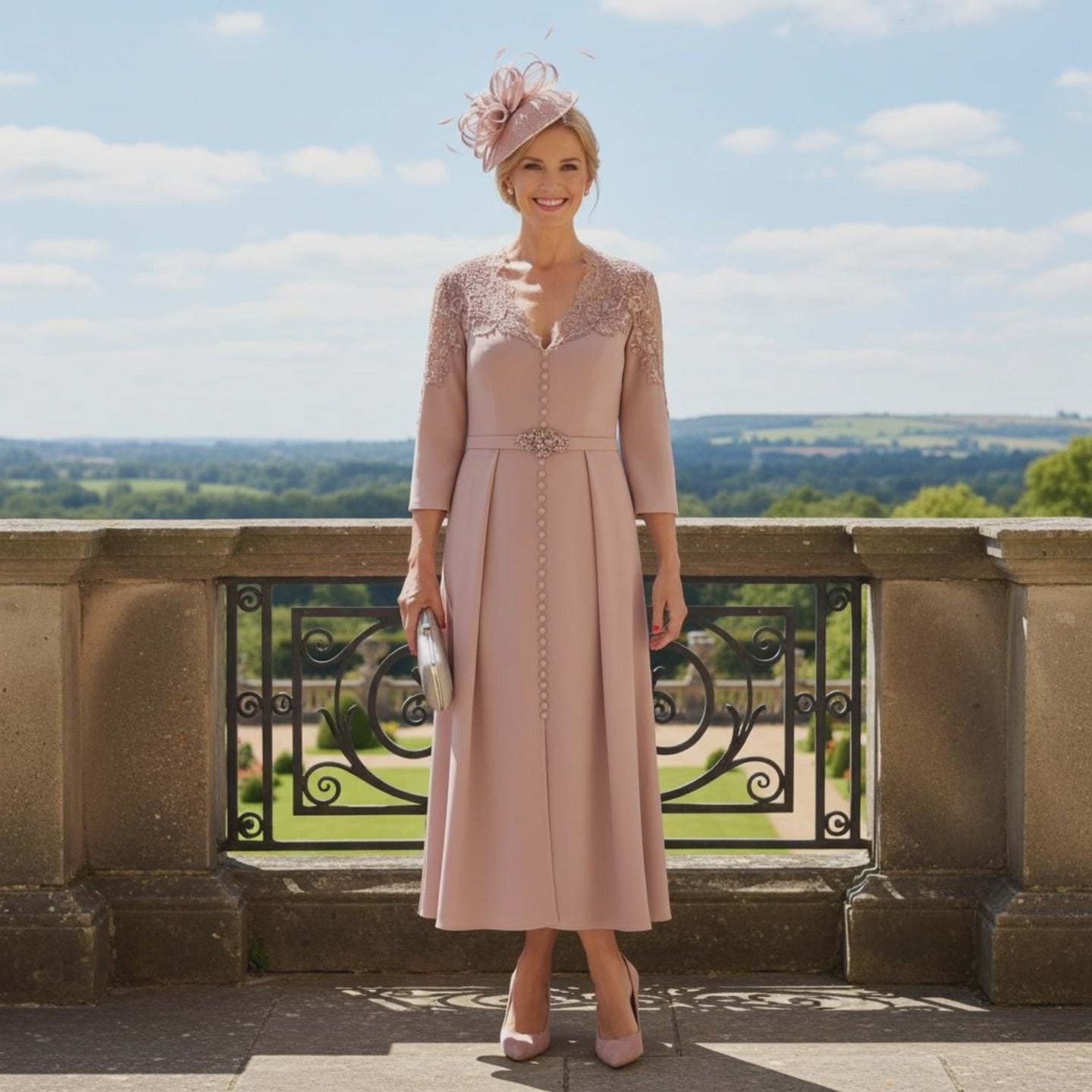 Woman in a dusty pink dress with lace sleeves by veni infantino - Signature Dress