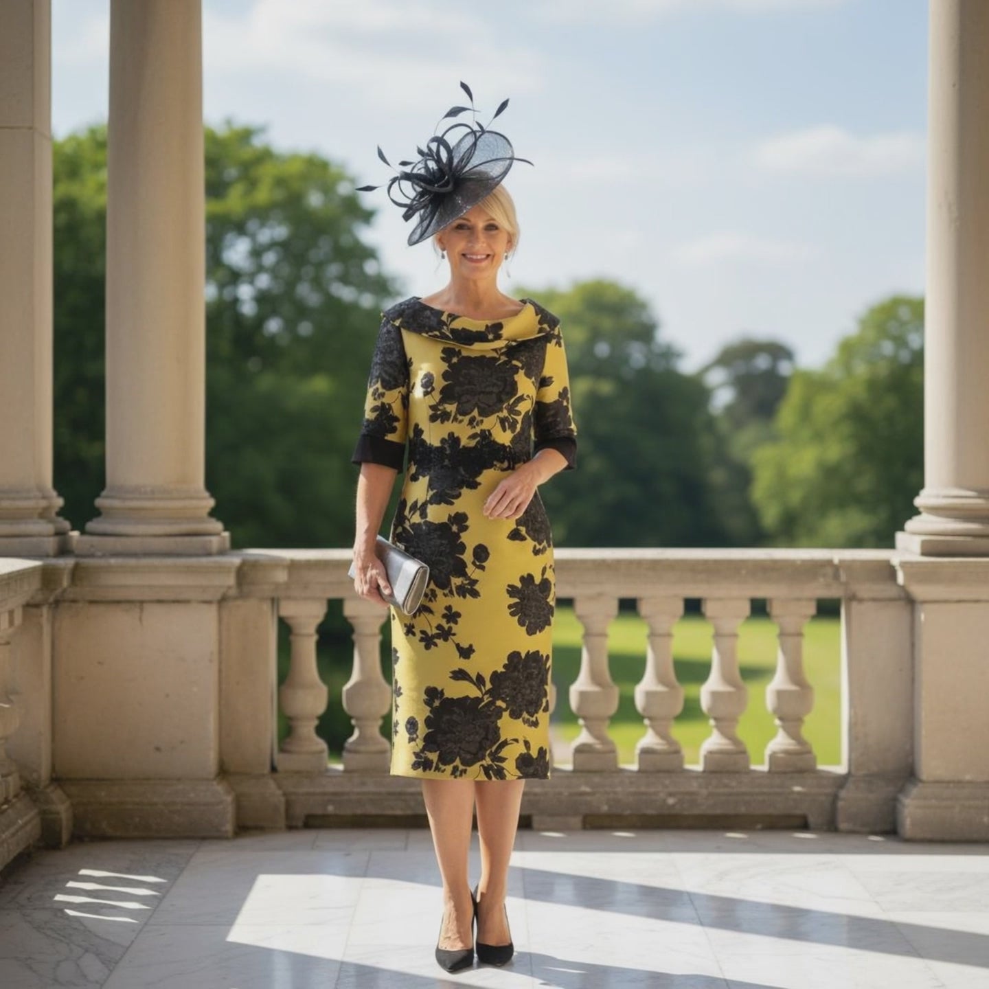 Woman in a yellow and black mother of the bride dress. signature dress