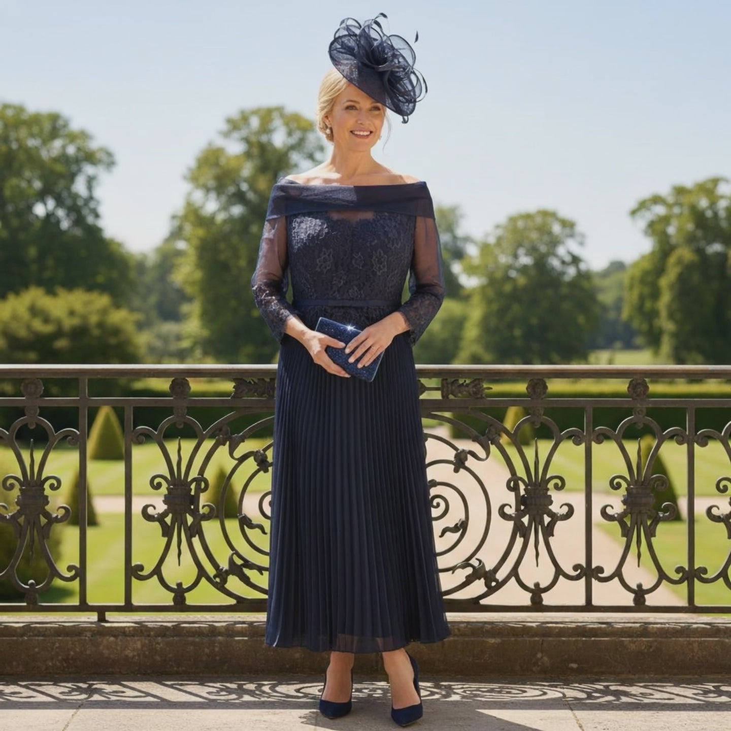 Woman in a Gill Harvey navy mother of the bride dress with a matching navy fascinator hat standing in a garden setting. Signature Dress.