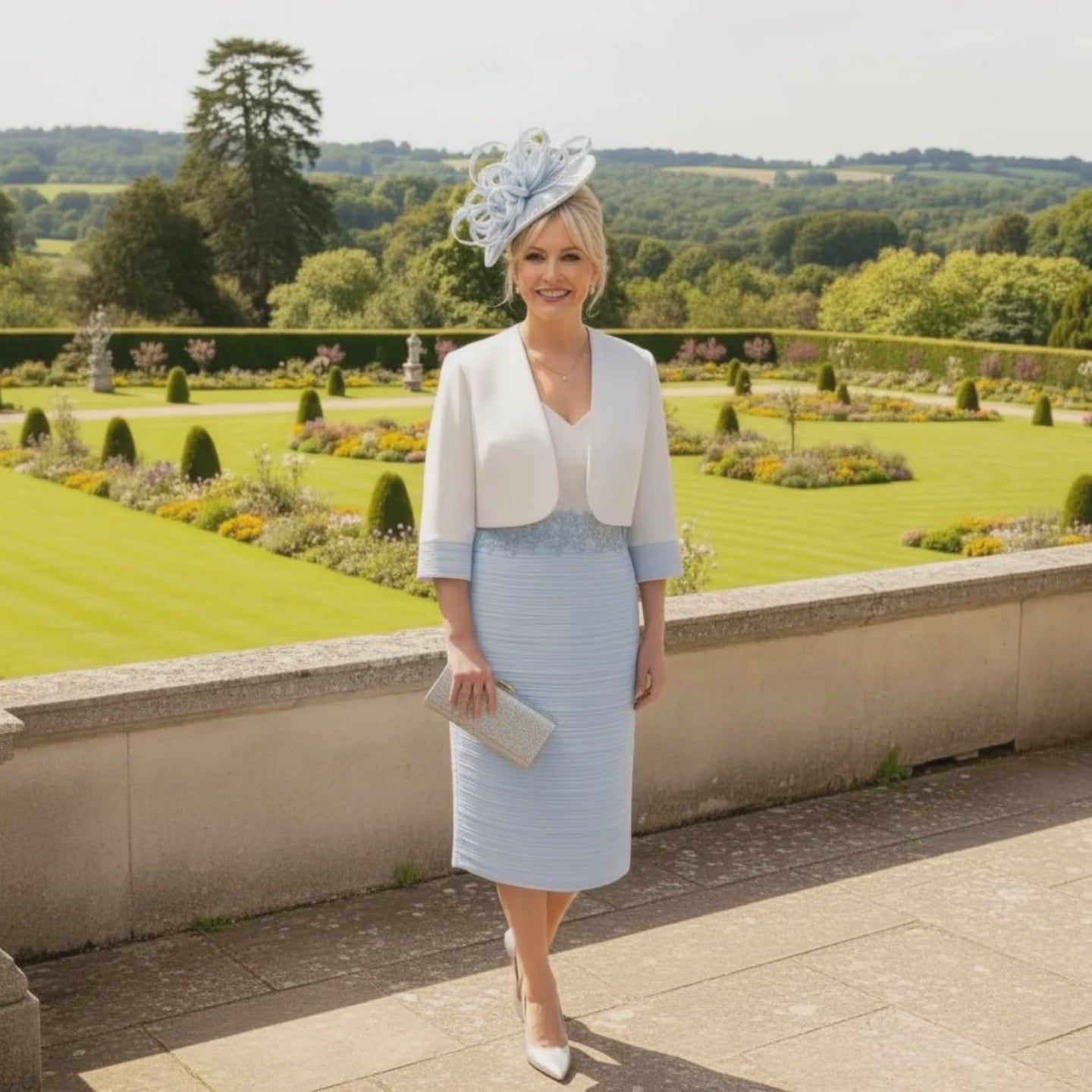 Woman in a Condici light blue mother of the bride dress and jacket with a matching hat standing in a garden. Signature Dress.