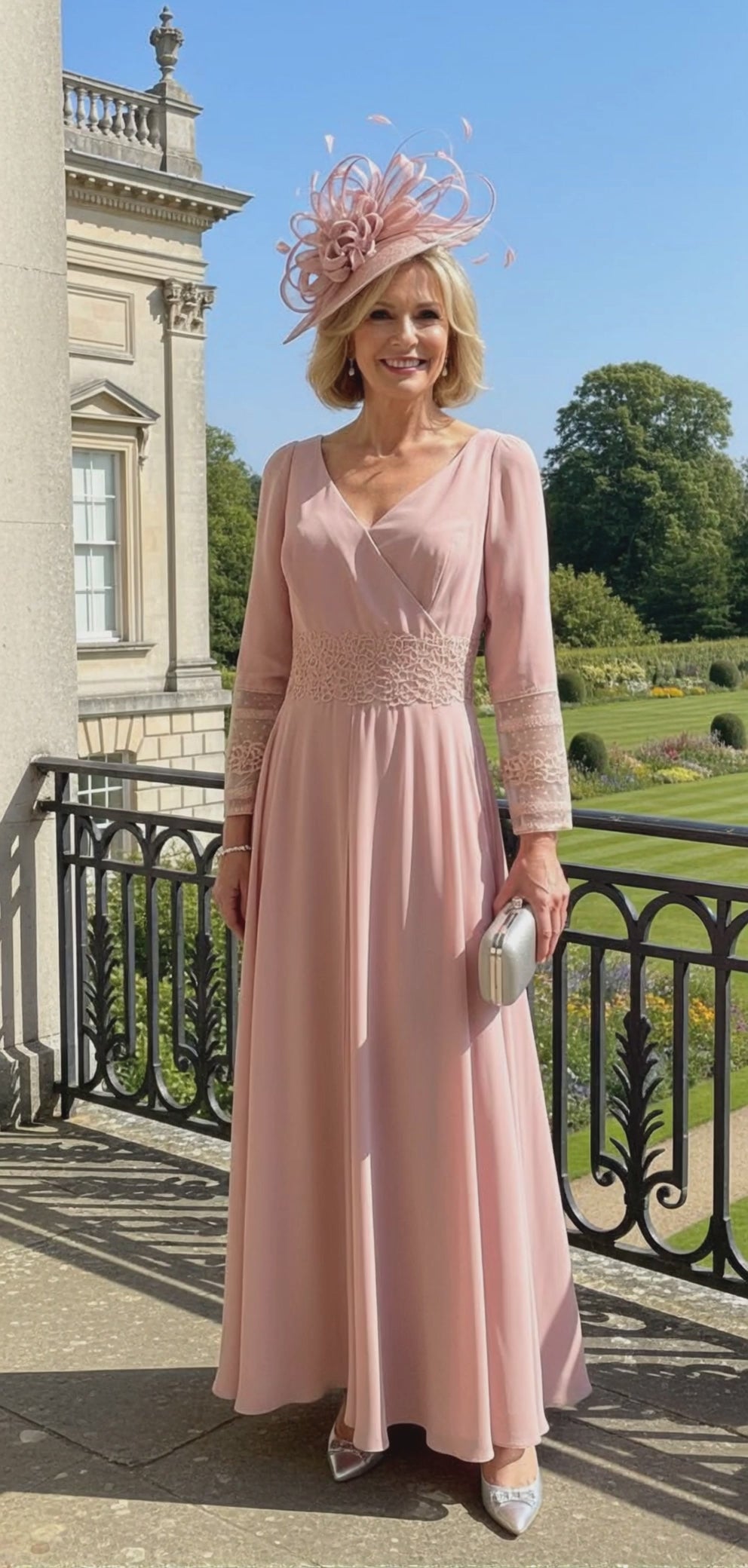 Woman in a veni infantino long pink mother of the bride dress standing on a balcony with a garden and building in the background. Signature Dress. 