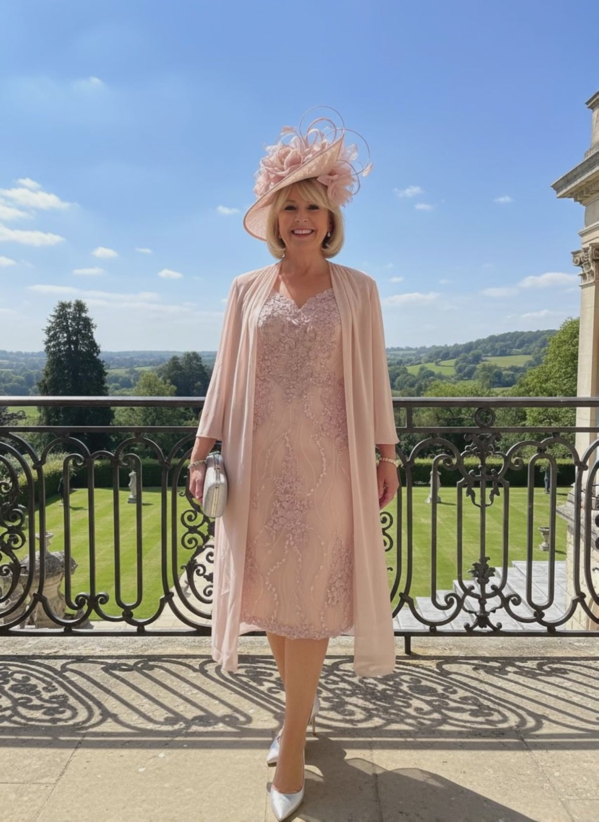 Woman in a light pink veni infantino 991447 v neck dress and hat standing on a stone balcony