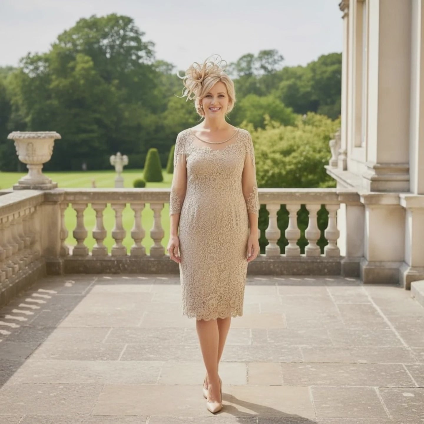 Woman in a condici beige mother of the dress and matching beige fascinator ready to attend a wedding. Signature Dress.