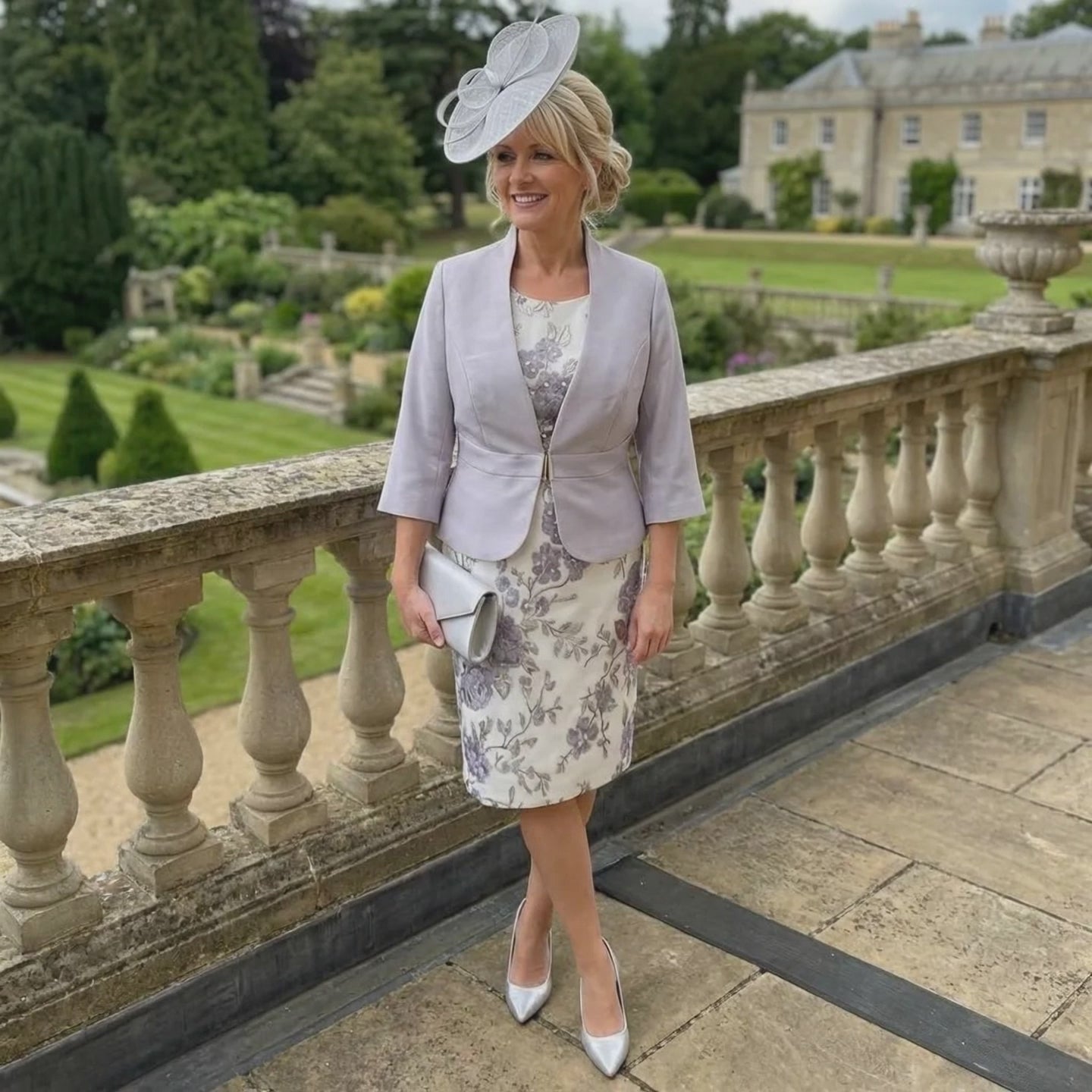 Woman in a Sonia Pena Silver formal mother of the bride outfit standing on a stone balcony with a garden and building in the background. Signature Dress.