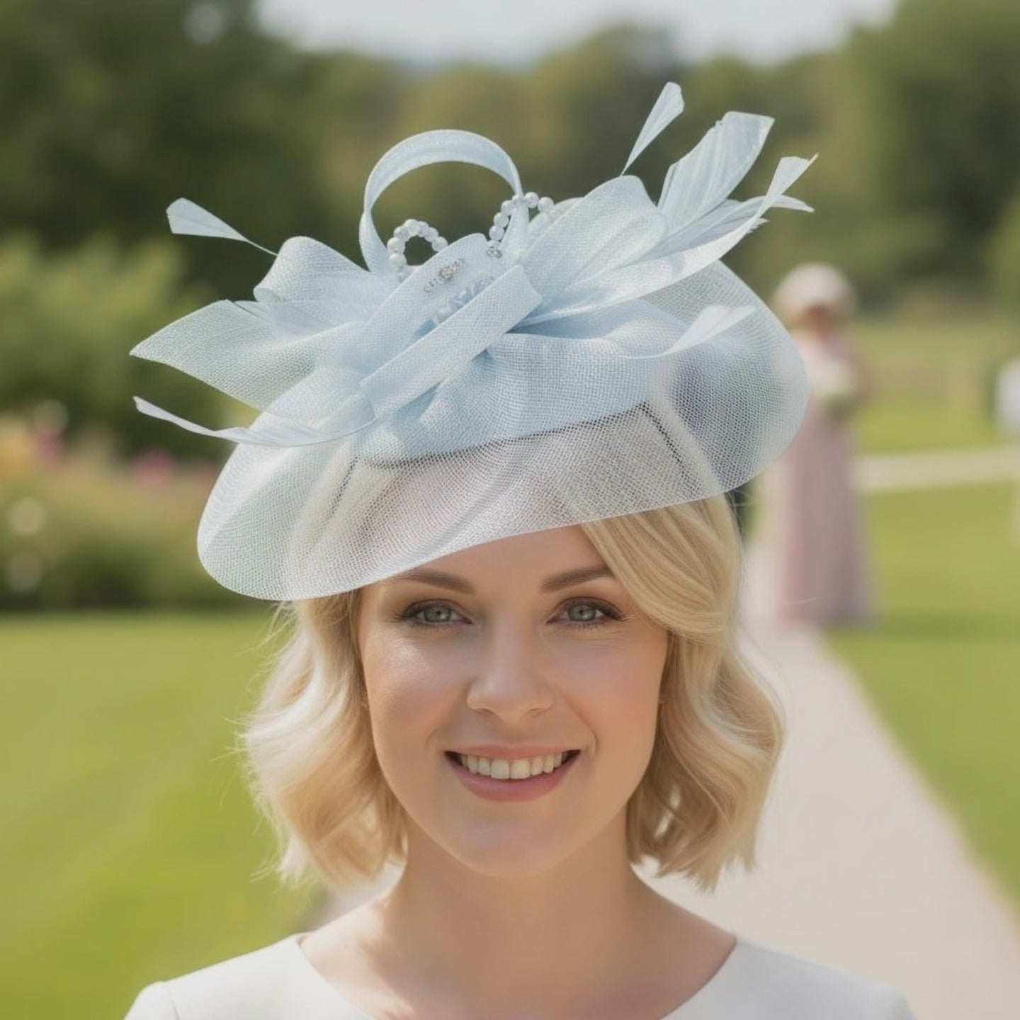 Woman wearing a light blue fascinator that has embellishments and a bespoke finish. Made by Signature Dress