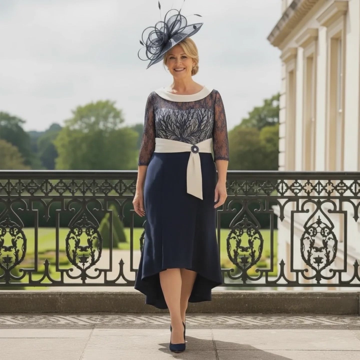 navy Couture Club dress with lace bodice, 3/4 sleeves and high‑low hemline, worn with a navy fascinator on a balcony. Signature Dress