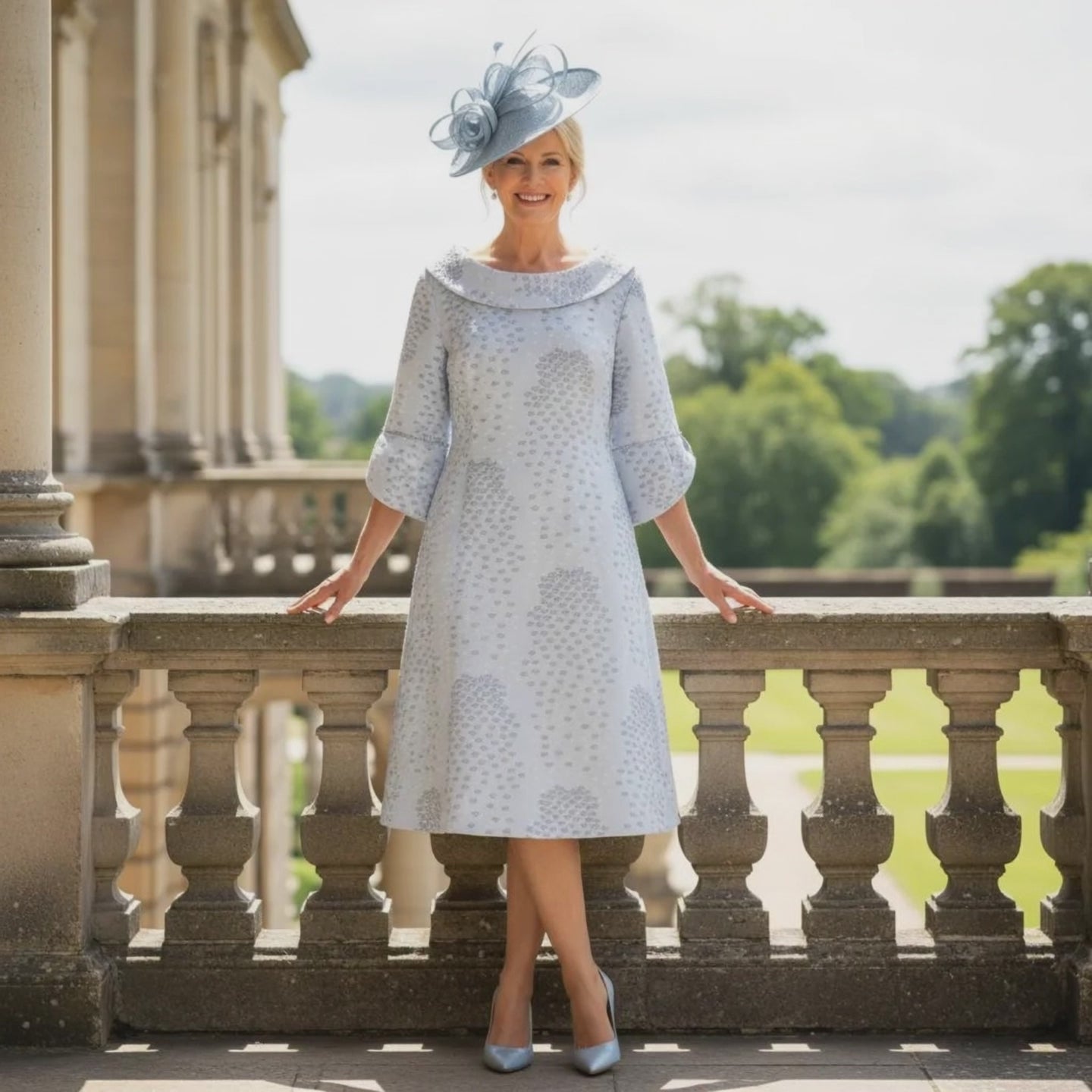 Woman in a Lizabella light blue A line mother of the bride dress and  pale blue fascinator hat standing on a balcony with greenery in the background. Signature Dress.