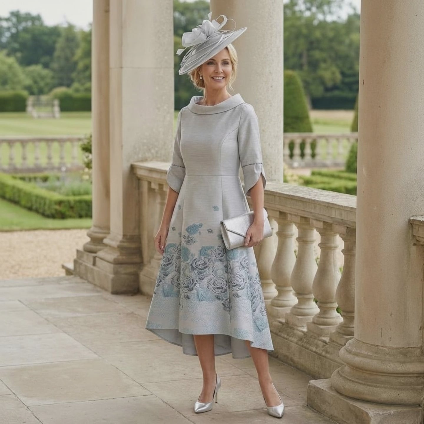 Woman in a Lizabella Silver mother of the bride dress, the dress is high low with 3/4 sleeves. Signature Dress.