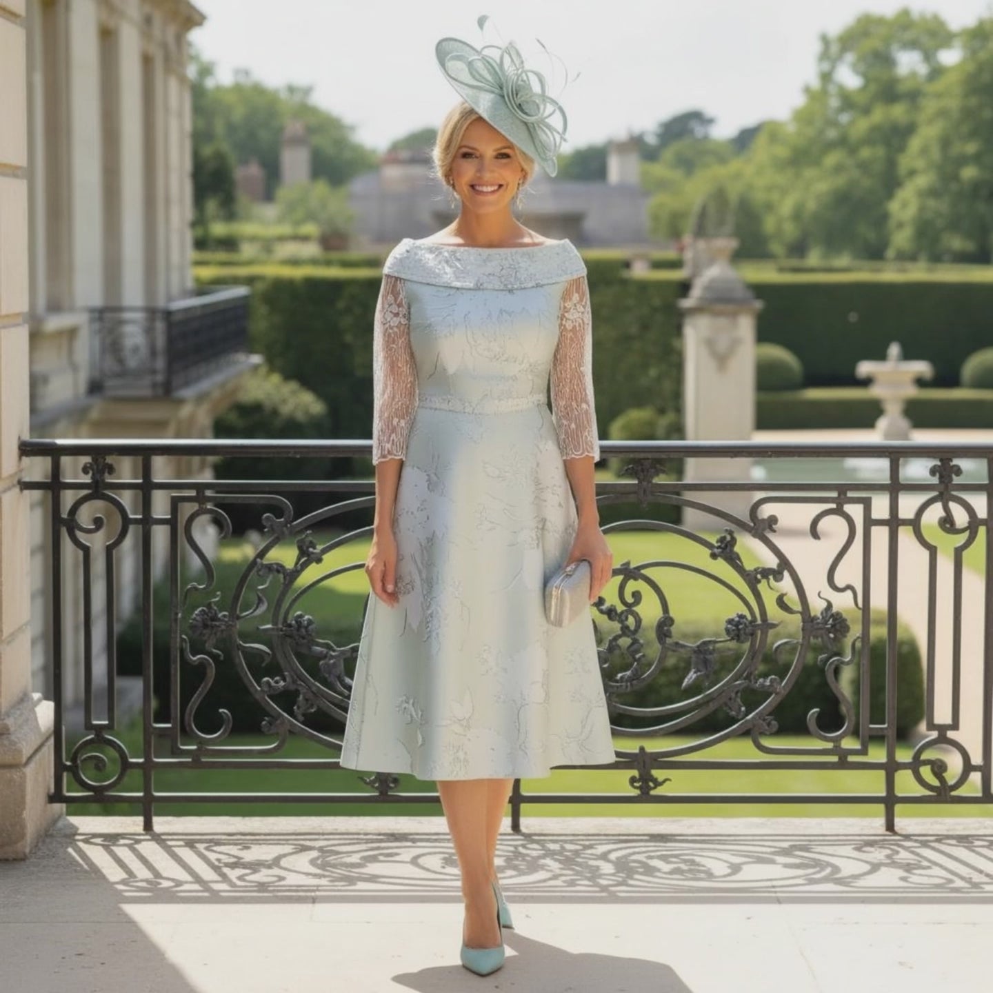 Woman in a Lizabella mint green mother of the bride dress standing on a balcony with greenery and a building in the background. Signature Dress.