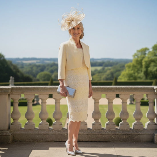 Woman in a Condici lemon mother of the bride dress and jacket and a matching fascinator. Signature Dress.