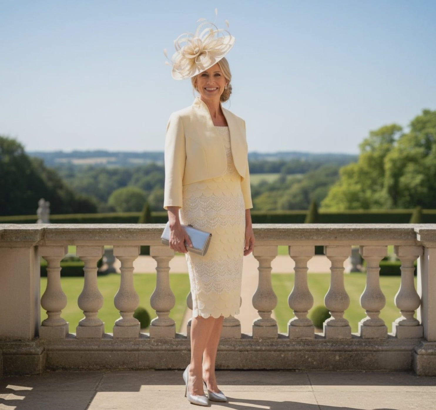 Woman in a Condici lemon mother of the bride dress and jacket and a matching fascinator. Signature Dress.