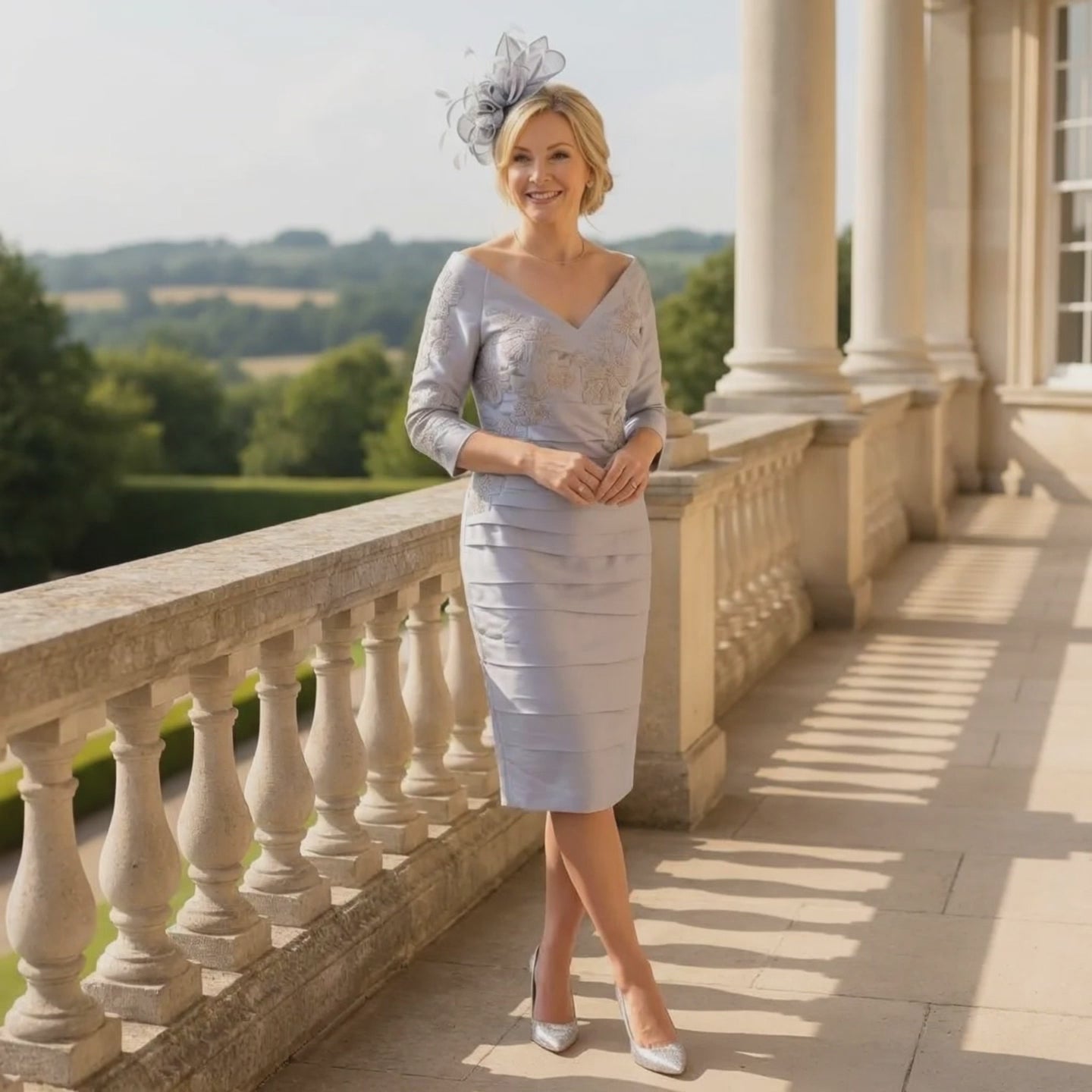 Woman in a Irresistible by Veromia lavender mother of the bride dress and matching lavender fascinator standing on a balcony ready for a wedding. Signature Dress.