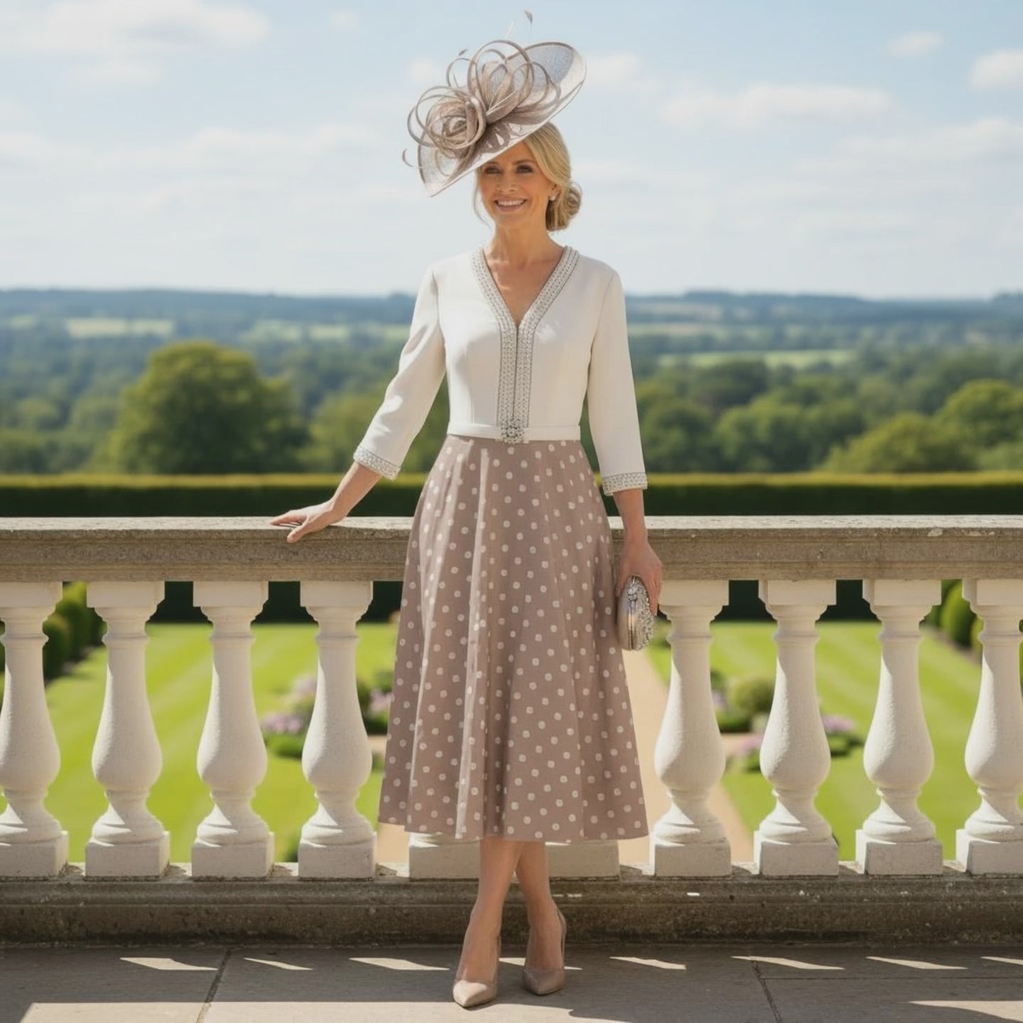 Woman wearing a Veni Infantino taupe pokerdot mother of the bride dress and matching taupe fascinator. Signature Dress.