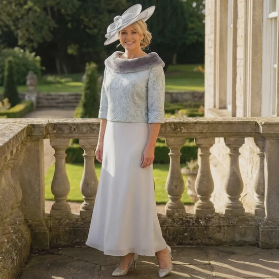 Video of Lizabella Dress 7168 highlighting embroidered bodice, pearls, rhinestones, chiffon skirt and matching fur‑trimmed layer.
