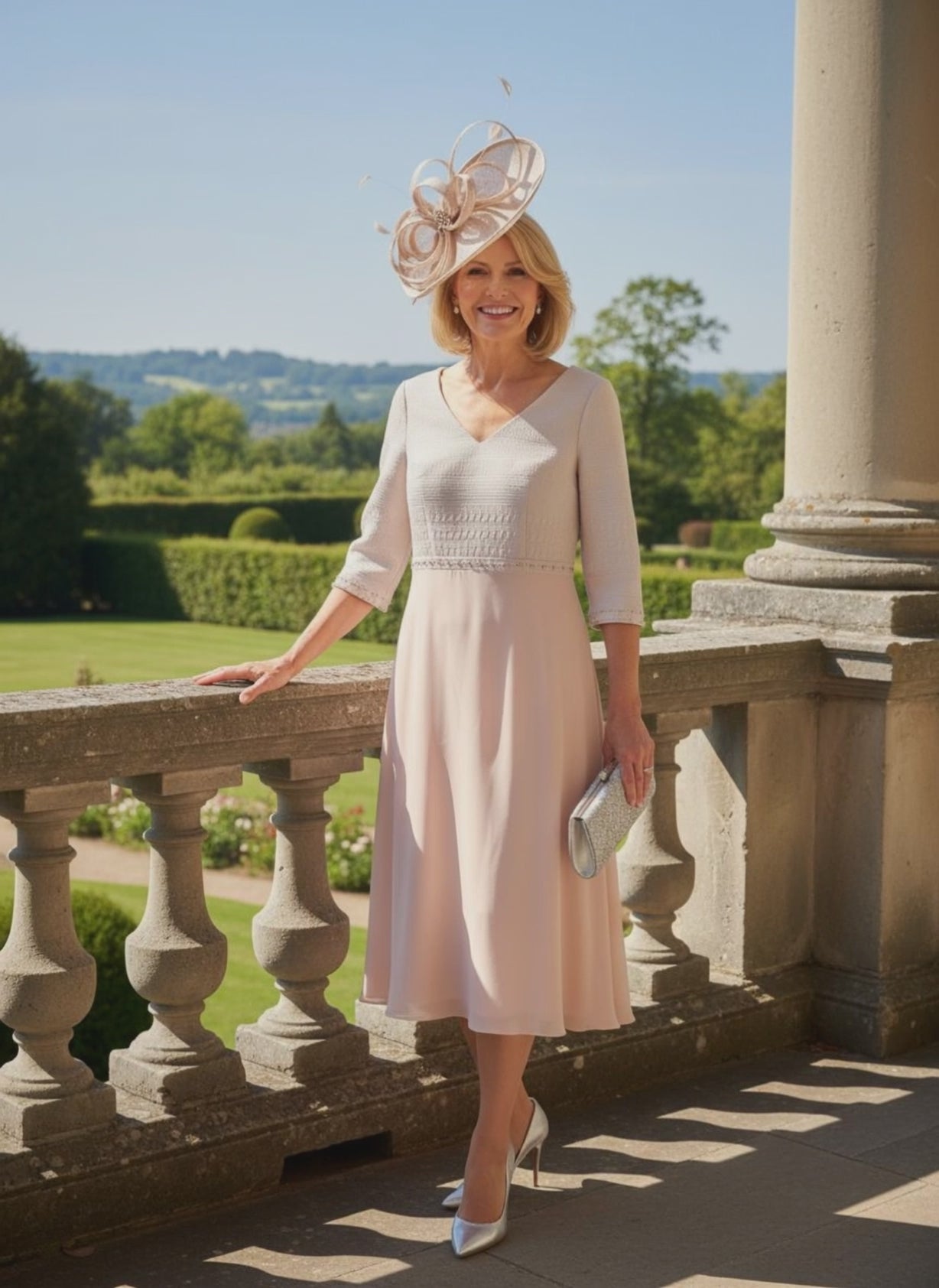 Woman in a light pink Mother of the bride dress by Lizabella with a decorative hat standing on a balcony with a scenic background.