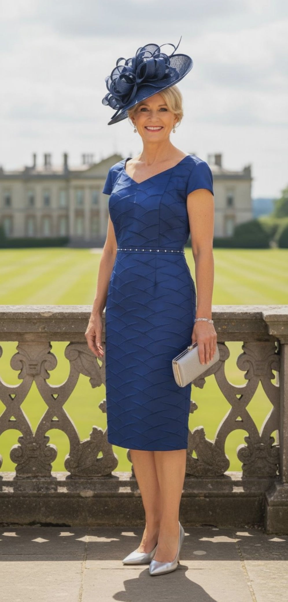 Woman in a COBALT blue LIZABELLA dress with a matching hat standing outdoors. Signature Dress