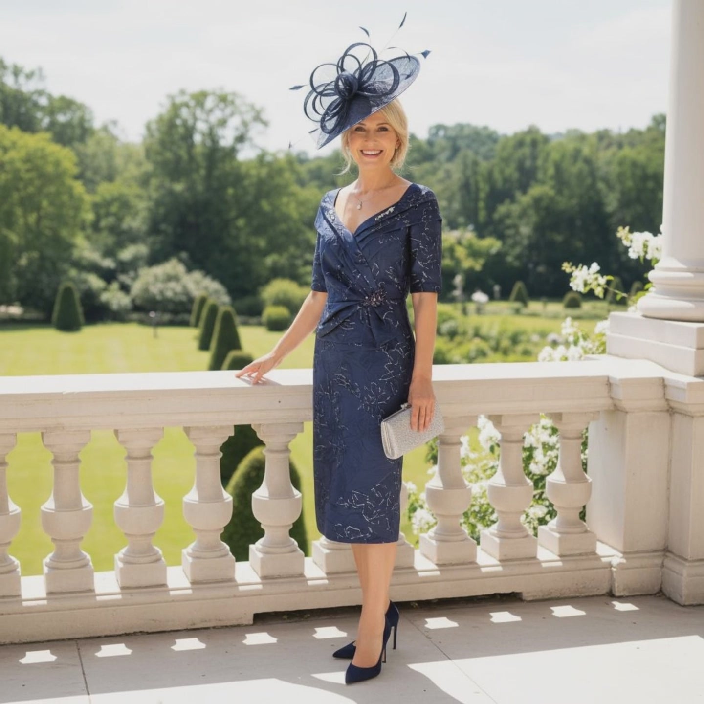 Woman in a Ispirato navy mother of the bride dress with matching navy fascinator.  Signature Dress.