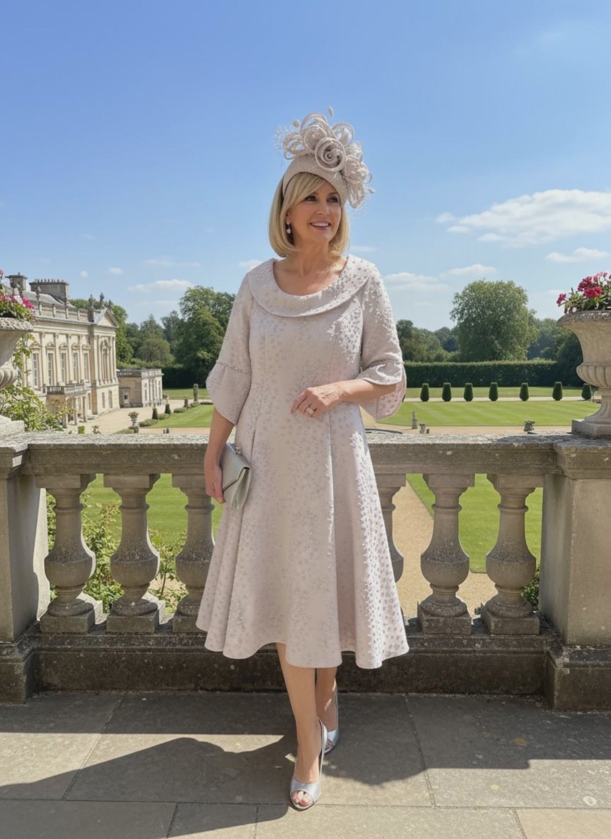 Lizabella a line pink 2378 mother of the bride dress with 3/4 sleeves and slip pockets. Signature Dress