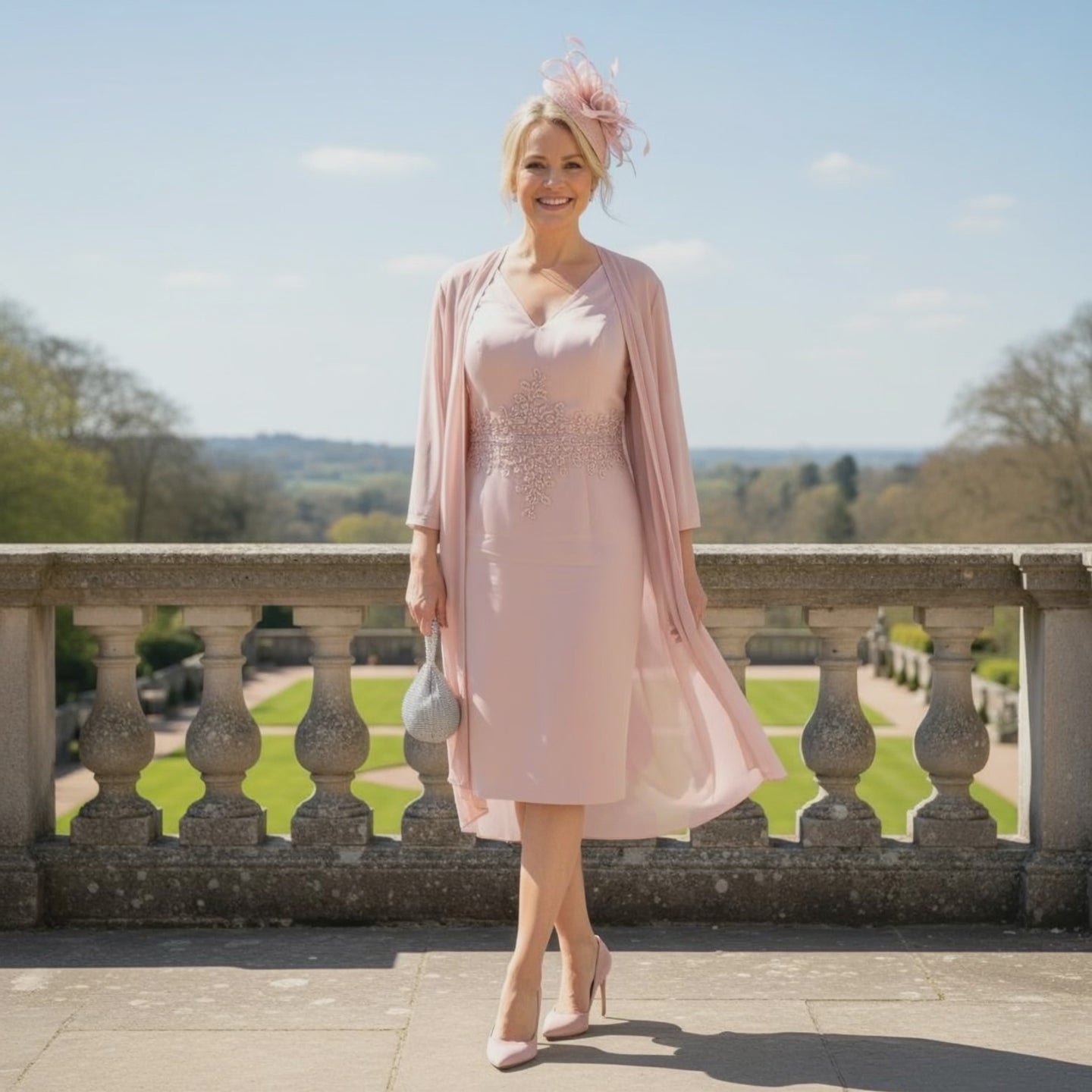 Woman in a light pink mother of the bride dress with a matching lightweight jacket - Signature Dress