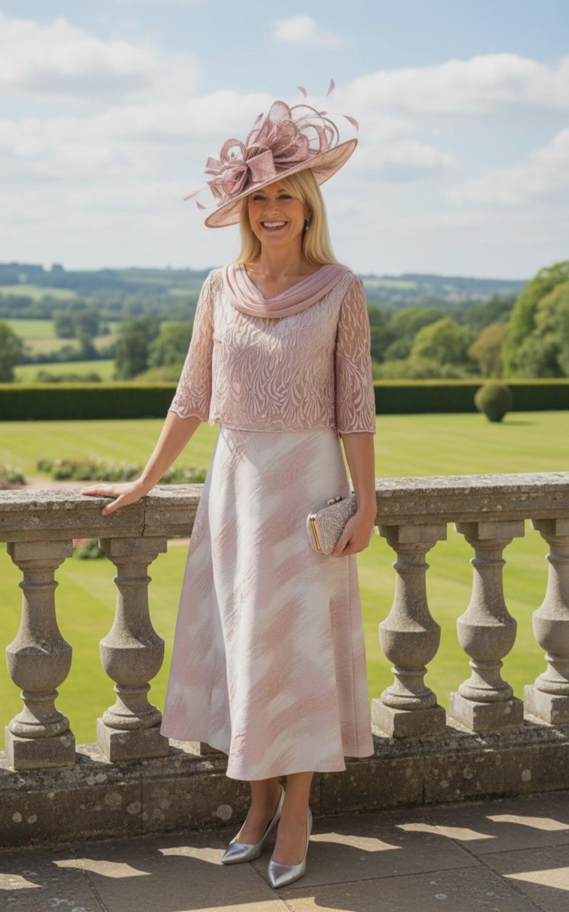 Woman in a pink Lizabella Mother of the bride dress and hat standing on a stone balcony with a scenic background